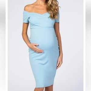 PinkBlush Turquoise Solid Off Shoulder Maternity Fitted Dress